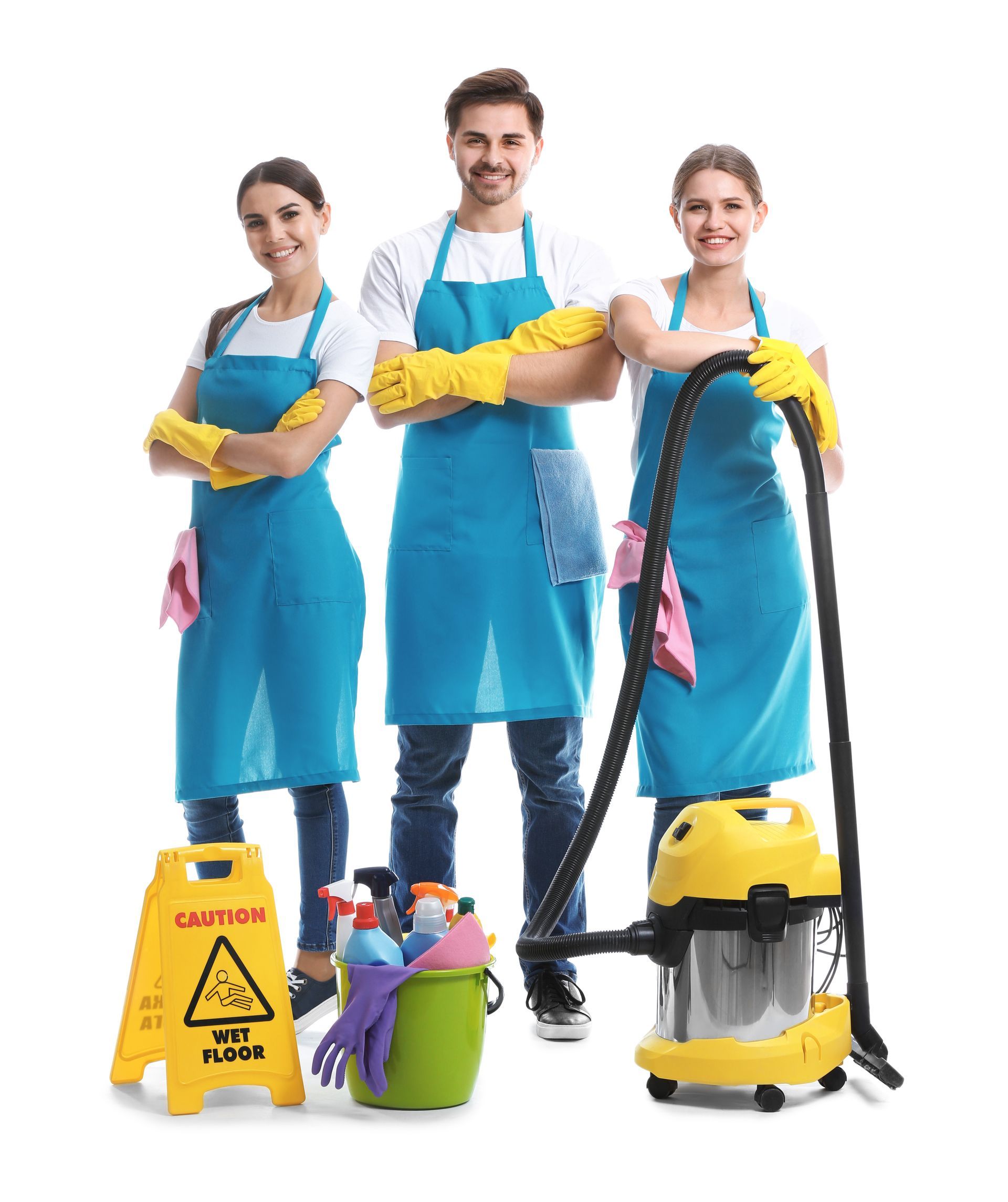 A group of cleaners standing next to each other with a vacuum cleaner.