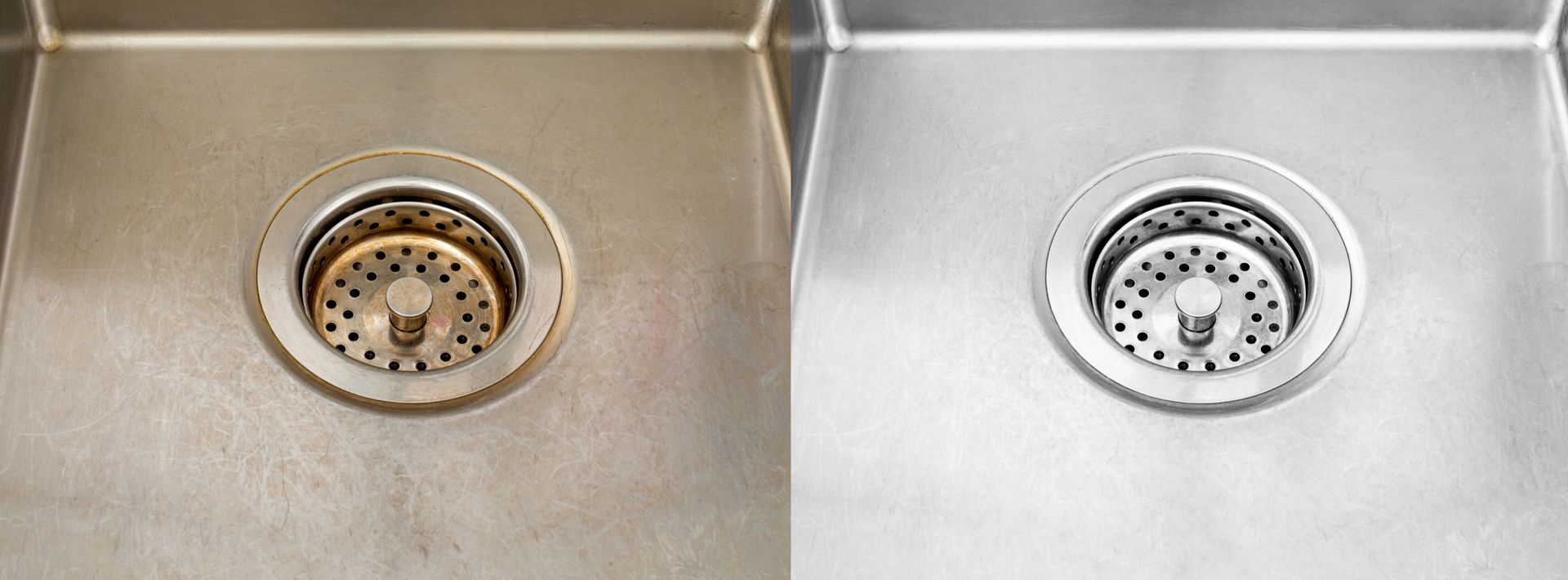 A before and after picture of a stainless steel kitchen sink.