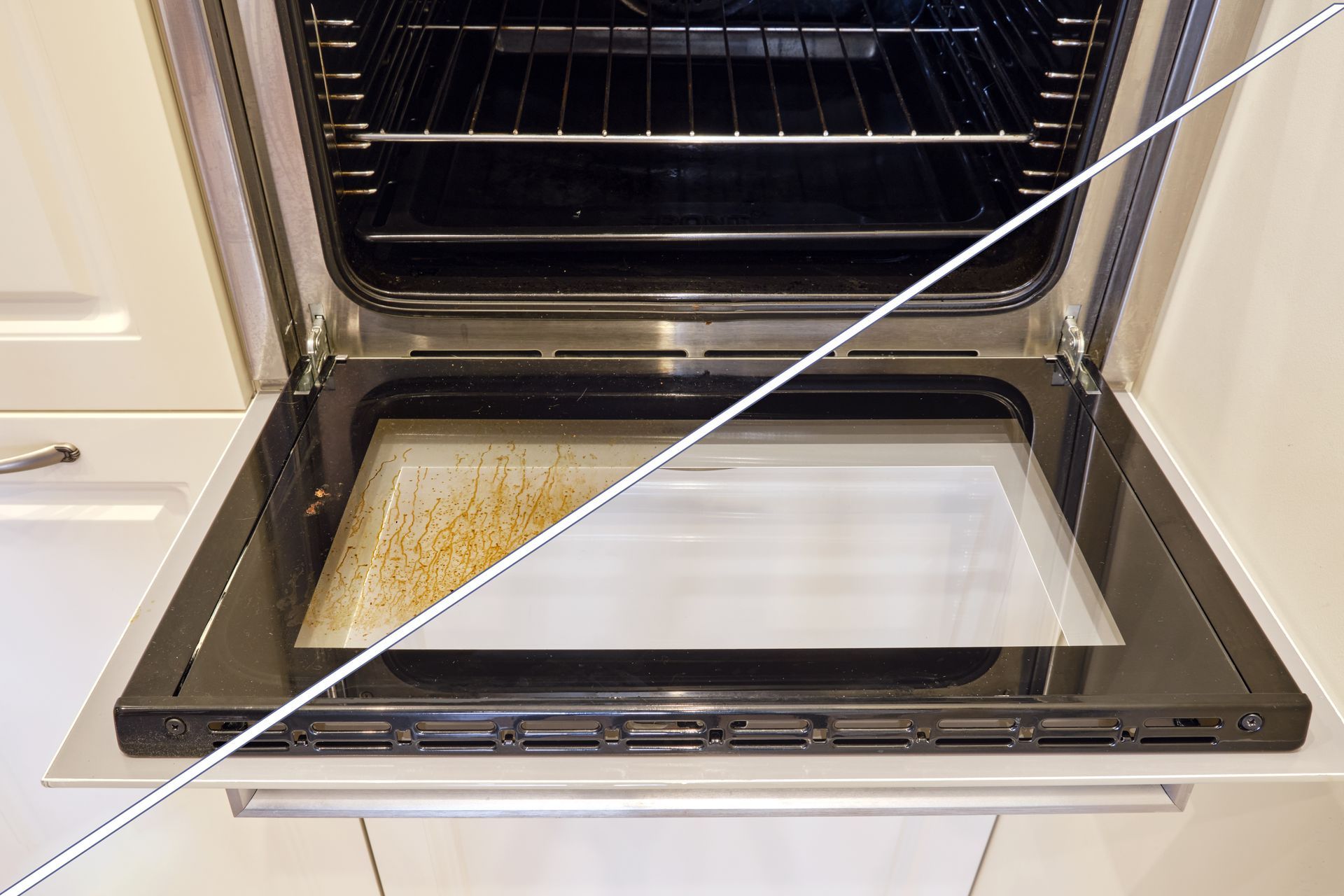 A before and after picture of a dirty oven door.