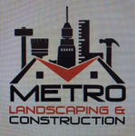 Logo for Metro Landscaping & Construction: tools and a house outline; red and black colors.
