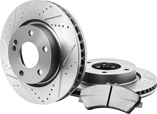 Brake rotors and pads: silver slotted discs with holes, stacked, ready for auto repair.