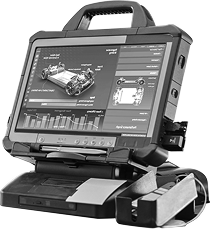 Rugged tablet with automotive diagnostic software, connected to a vehicle, displaying diagrams and data.