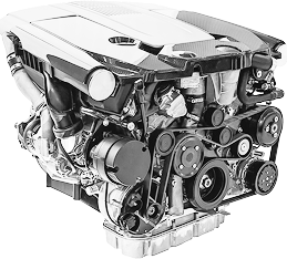 Engine with belts, pulleys, and various components visible. Metallic finish with a dark cover.