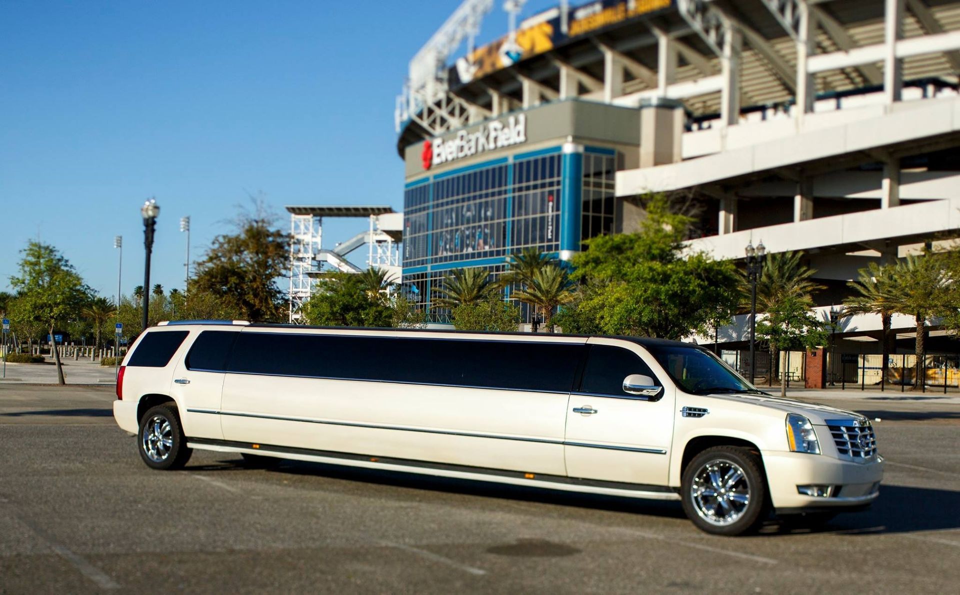 White stretch limousine parked outside a stadium on a sunny day