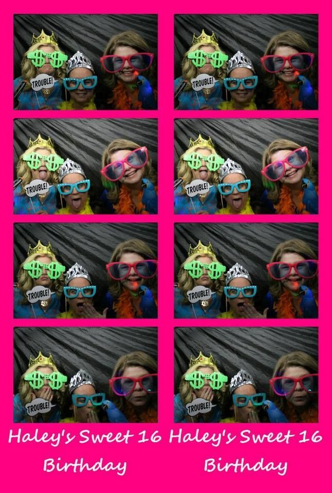 Six repeated photos of two girls wearing birthday glasses, with “Haley’s Sweet 16 Birthday” text on a pink background.