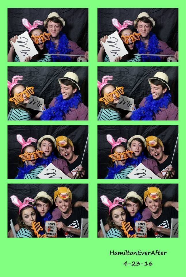 Four photo-booth snapshots of two people posing with bunny ears and props against a neon green background.