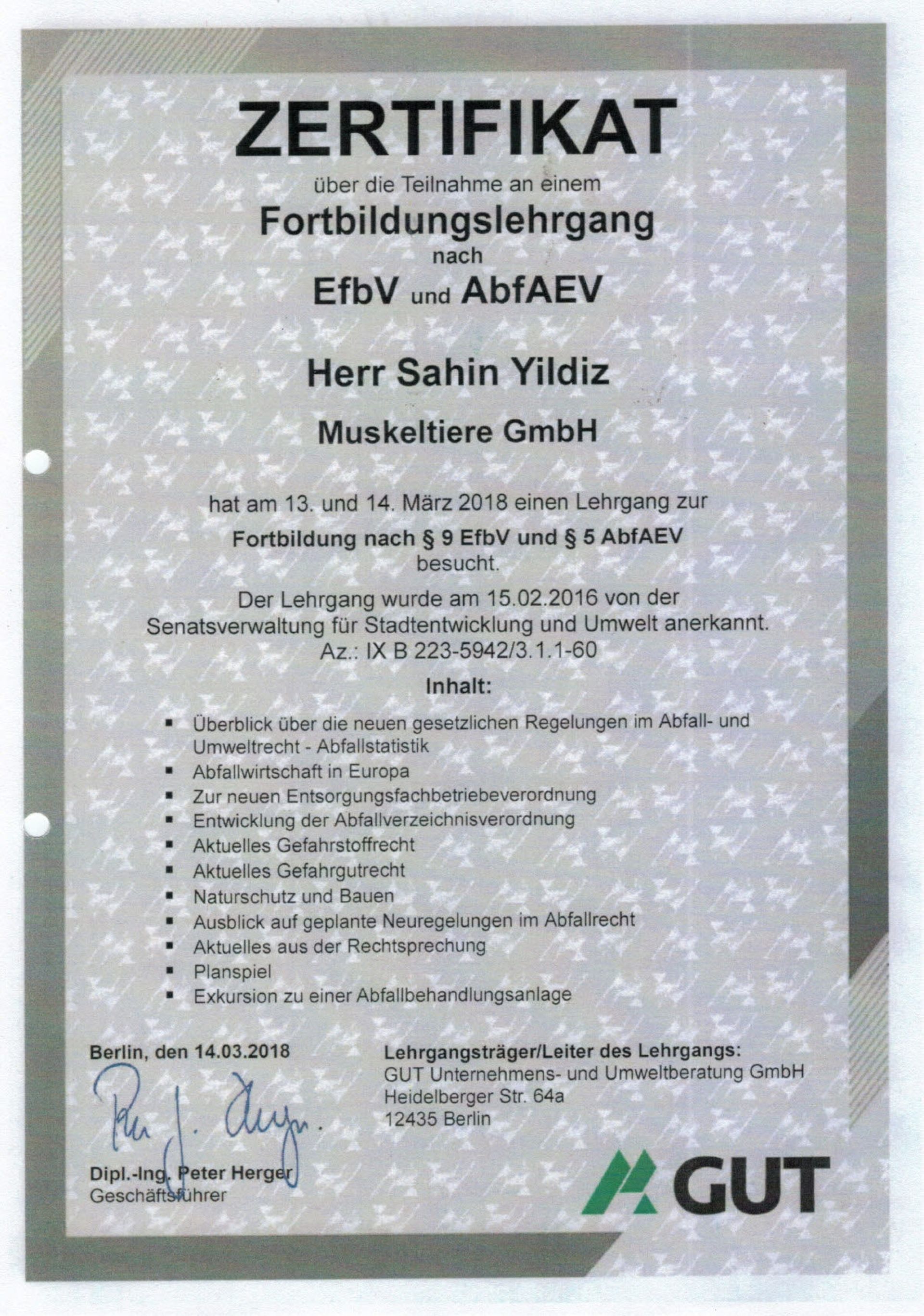 Zertifikat für Herrn Sahin Yildiz von der Muskeltiere GmbH über den Abschluss einer Ausbildung in Deutsch vom 10.10.2018.