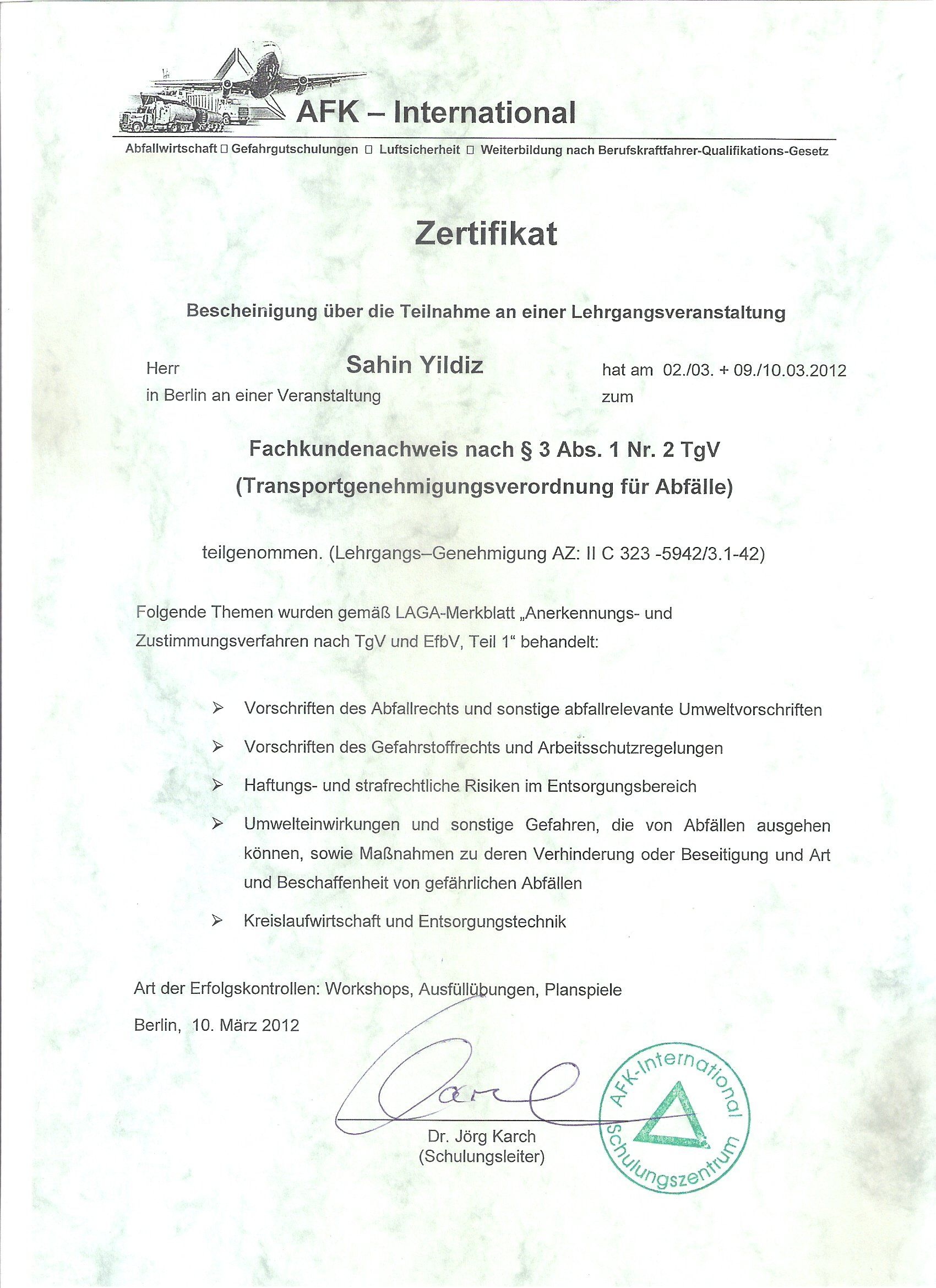Zertifikat von AFK International; deutscher Text; Angaben zum Empfänger, Art der Zertifizierung und Siegel.