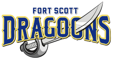 Fort Scott Dragons logo with blue and gold text and a silver sword design