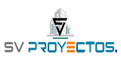 Logotipo de SV Proyectos, con un gráfico de edificio sobre texto verde azulado. Detalles en naranja.