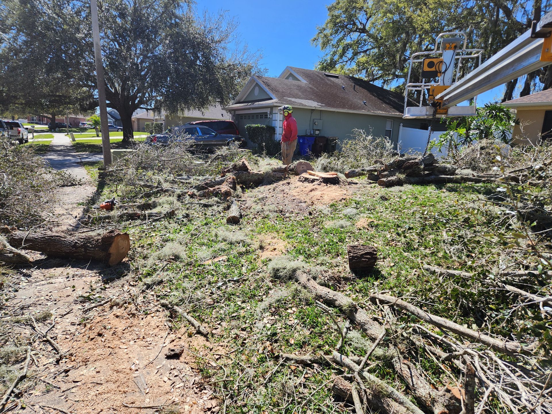 Tree branches and debris on the ground near a house. Man stands near the debris; a lift truck in the background.