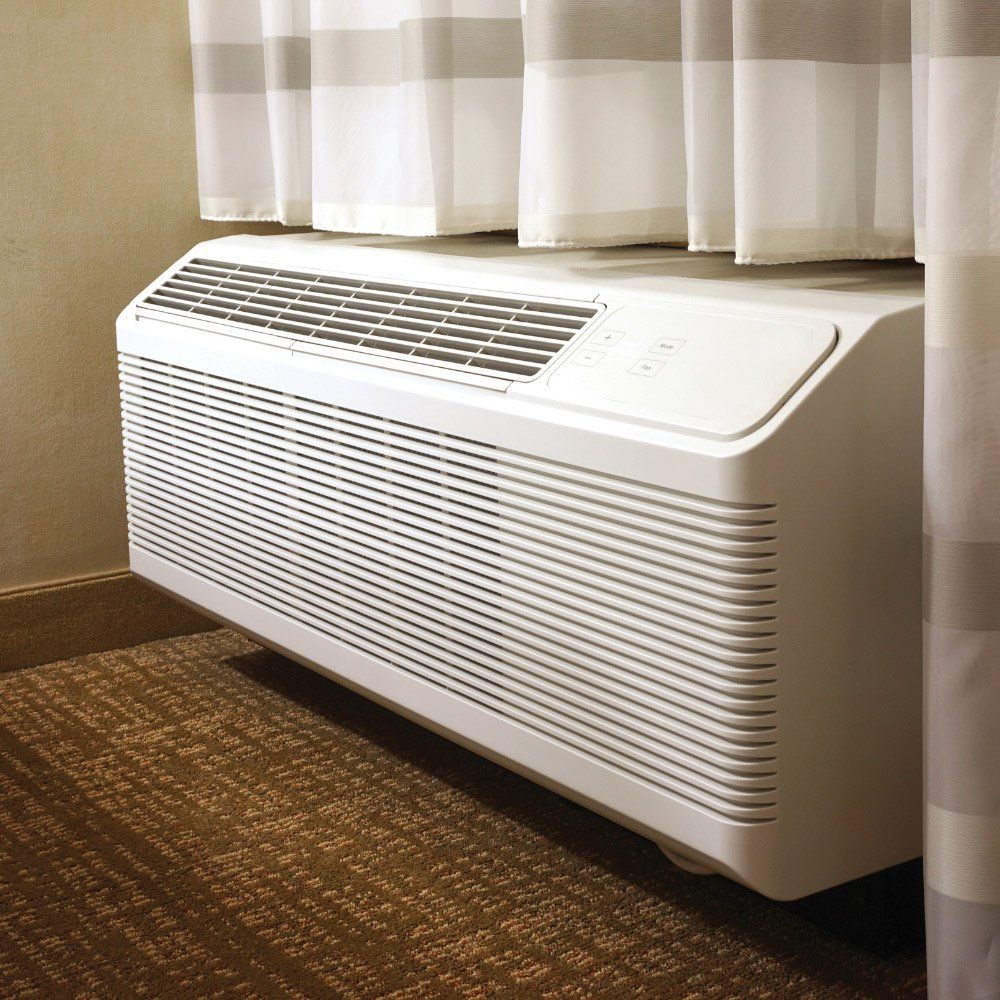 An energy-efficient PTAC (Packaged Terminal Air Conditioning) unit with a sleek design, featuring digital controls and a built-in temperature display.