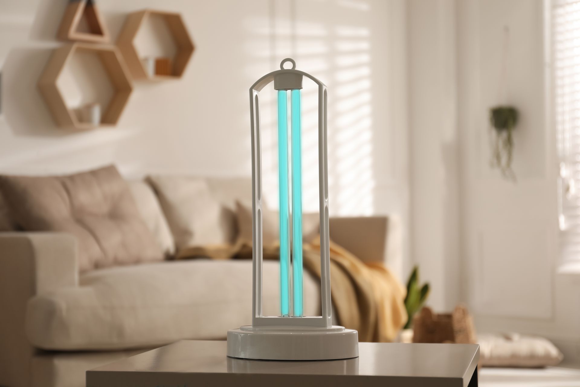 n ultraviolet (UV) lamp placed on a table in a living room, emitting a gentle glow.