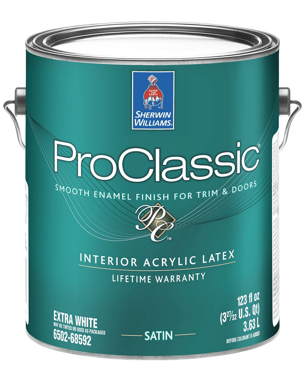 A can of Sherwin-Williams ProClassic interior acrylic latex paint with a lifetime warranty.
