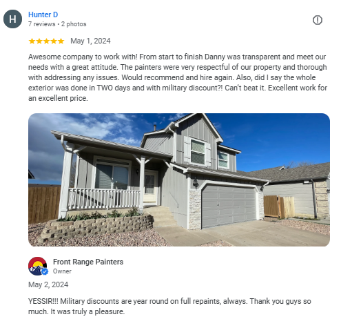 A picture of a newly painted house with a 5-star review on google for Front Range Painters in Colorado Springs.
