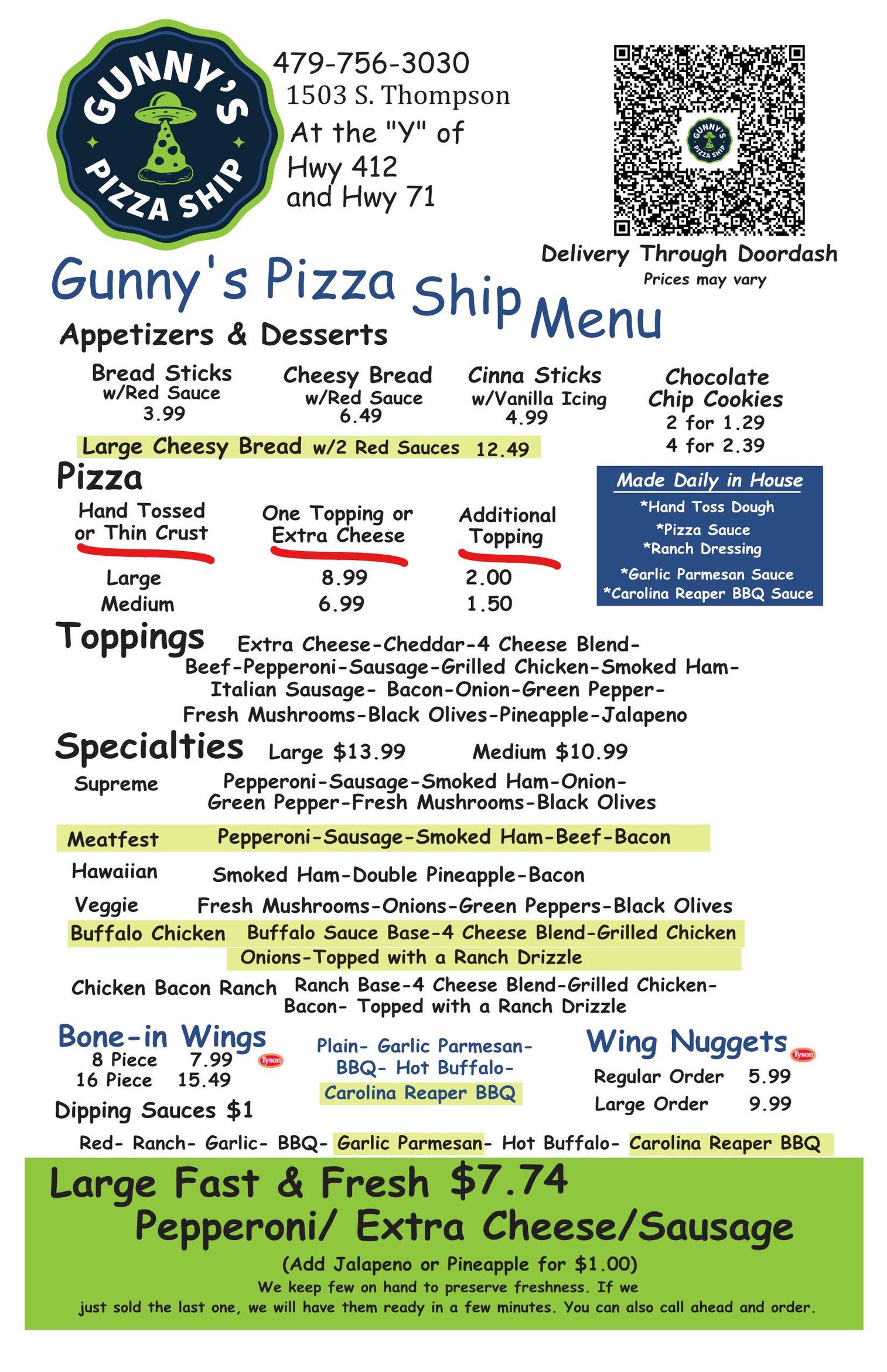 The menu with everything you could want. Pizza, wings, cheesy bread, sods, and house made sauces.