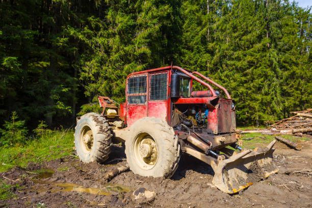 Red logging machine in muddy clearing with trees in the background.