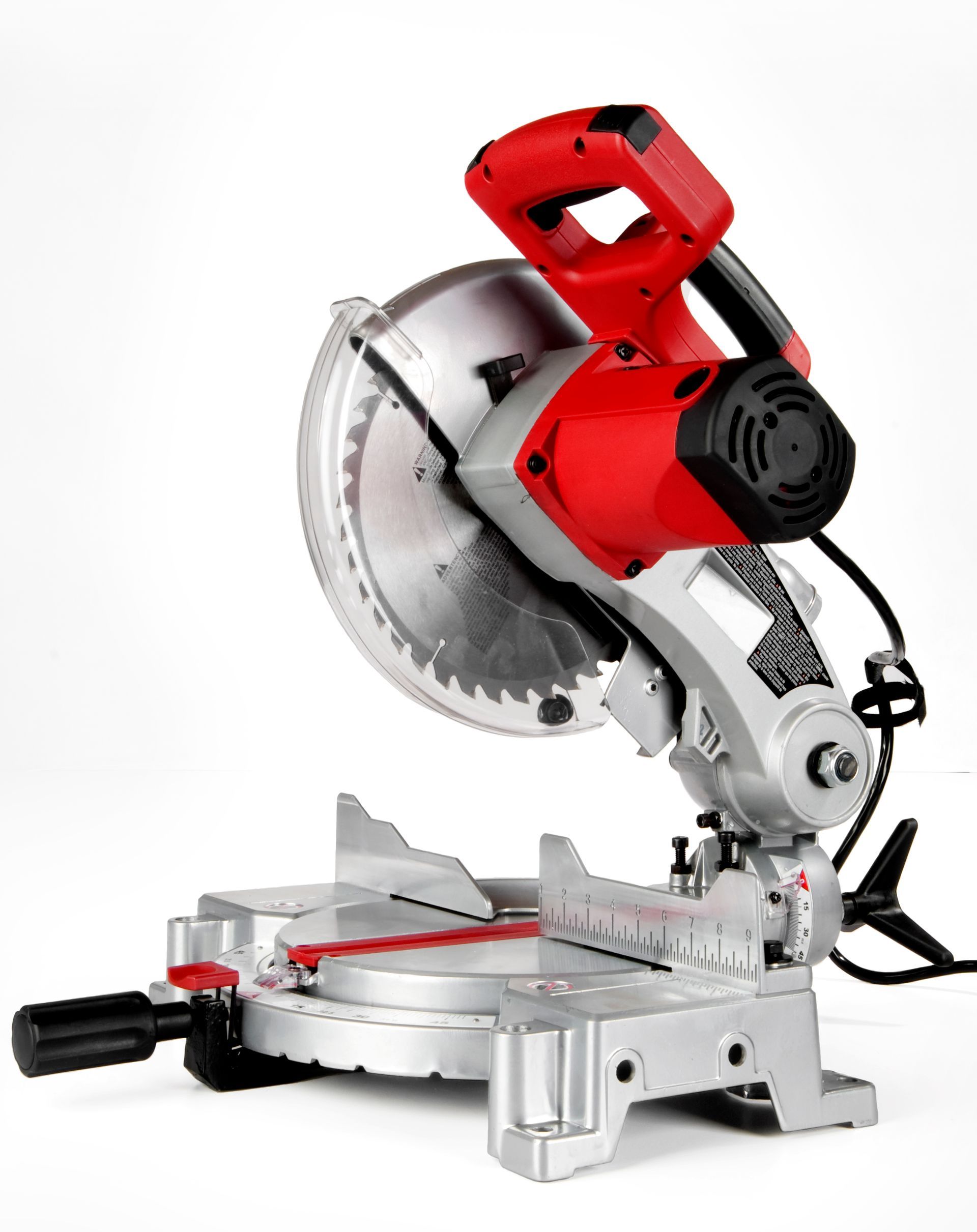 Red and silver miter saw on white background, ready for cutting wood.