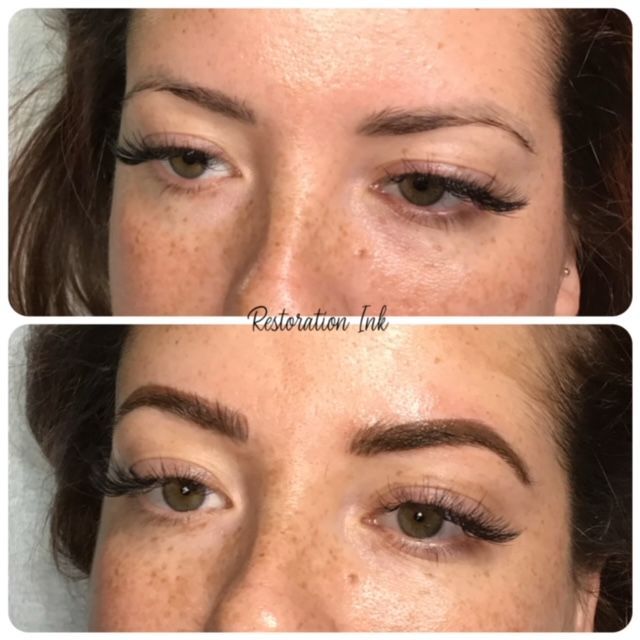 Natural powder brows on a brunette client at Restoration Ink in Albuquerque, NM.