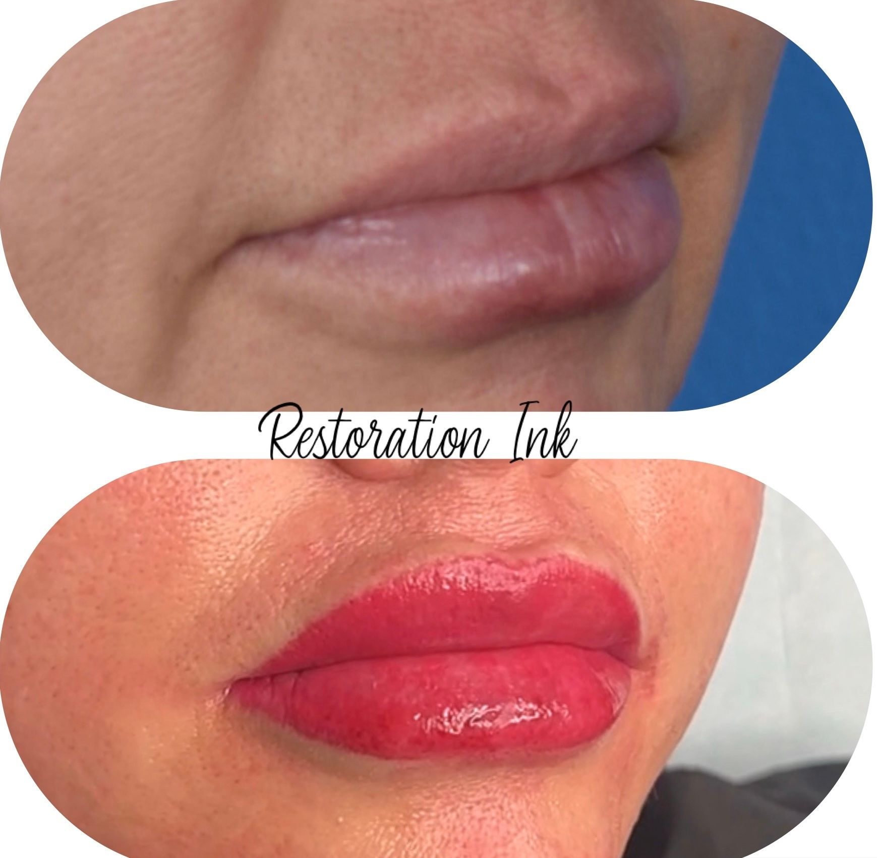 Before and after lip blush tattooing in pink at Restoration Ink in Albuquerque, NM
