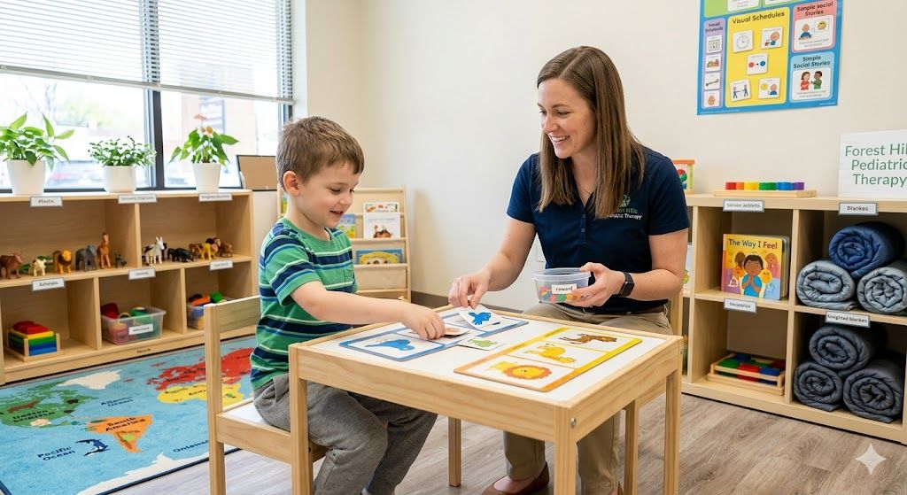 Boy painting a colorful rainbow on a window, squatting indoors with paint supplies nearby.