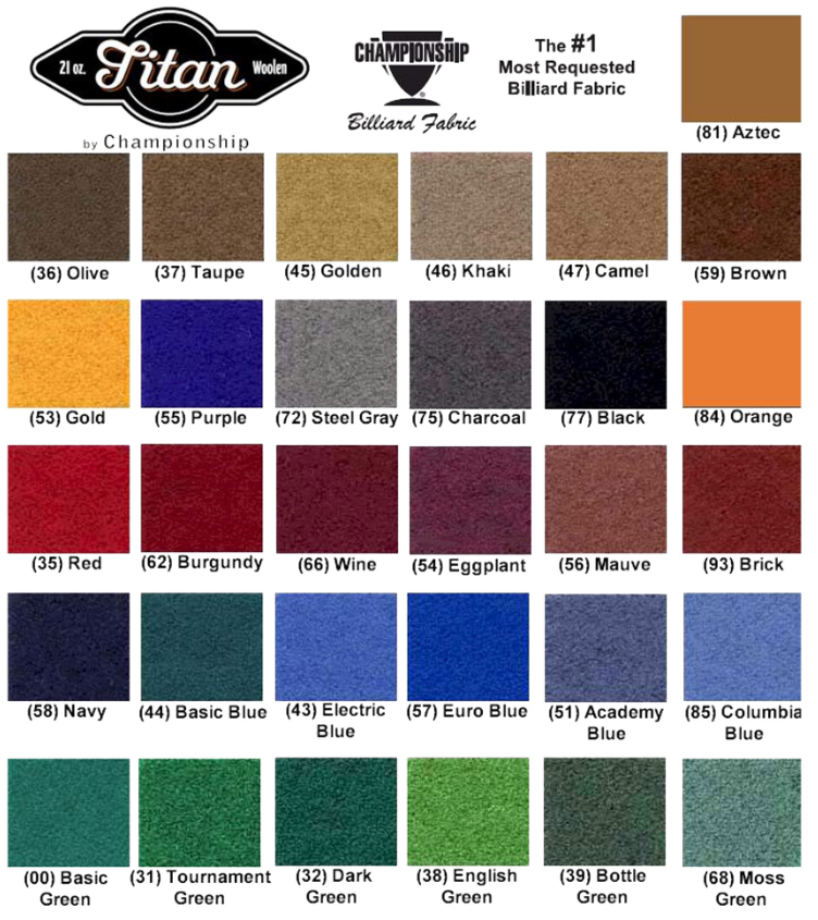 Titan billiard cloth colors to choose