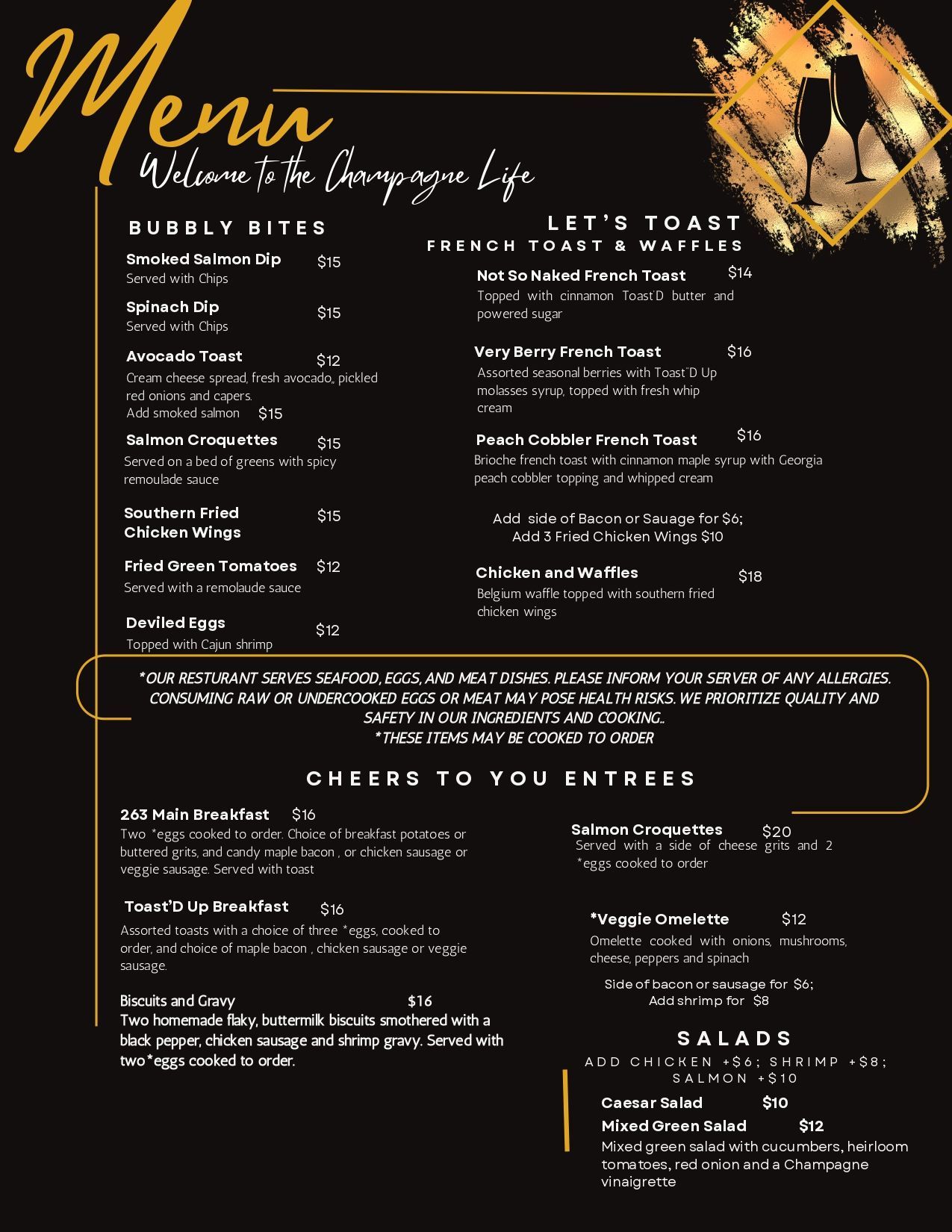 A menu for a restaurant with a picture of wine glasses on it.