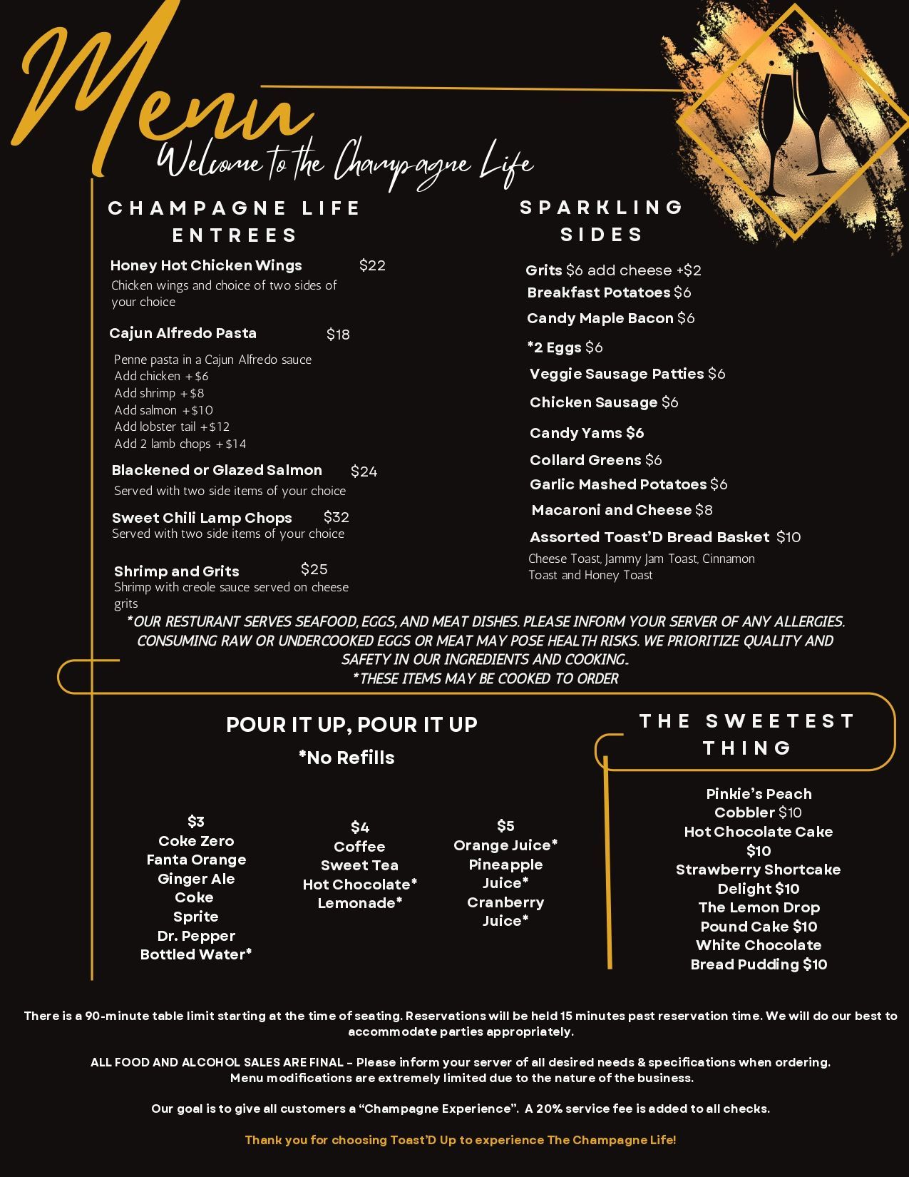 A menu for a restaurant called champagne life