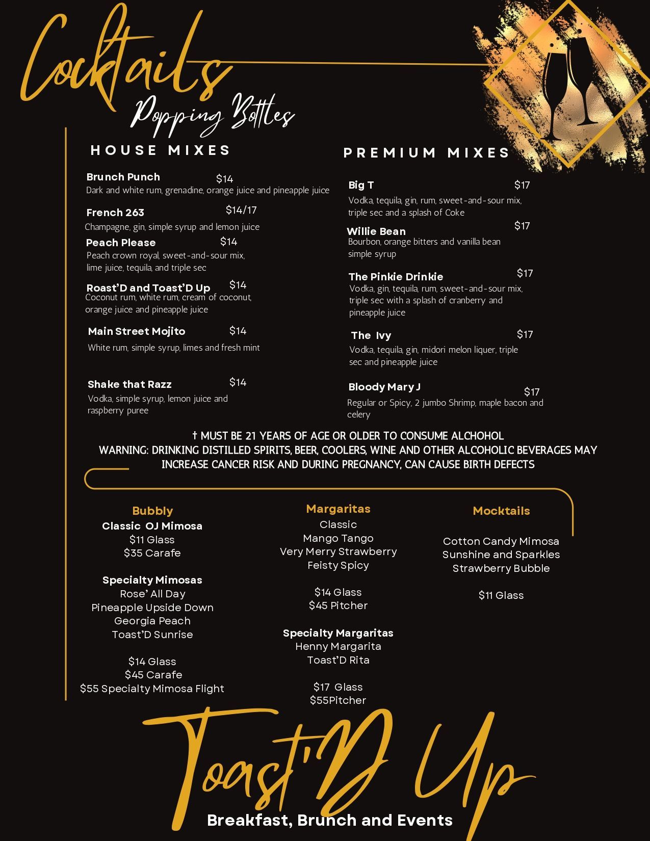 A menu for a restaurant called toast my up