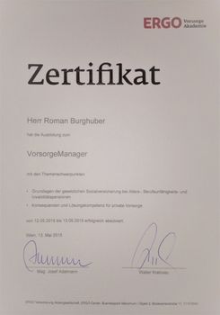 Zertifikat Roman Burghuber Vorsorgemanager