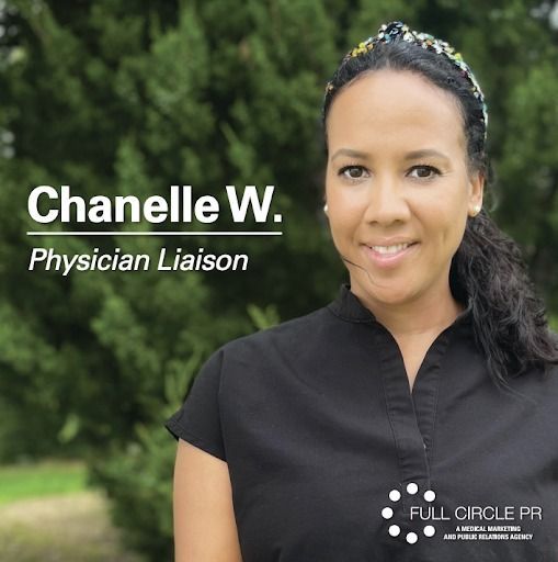 Chanelle W., Physician Liaison, smiling outdoors in front of greenery; Full Circle PR logo.