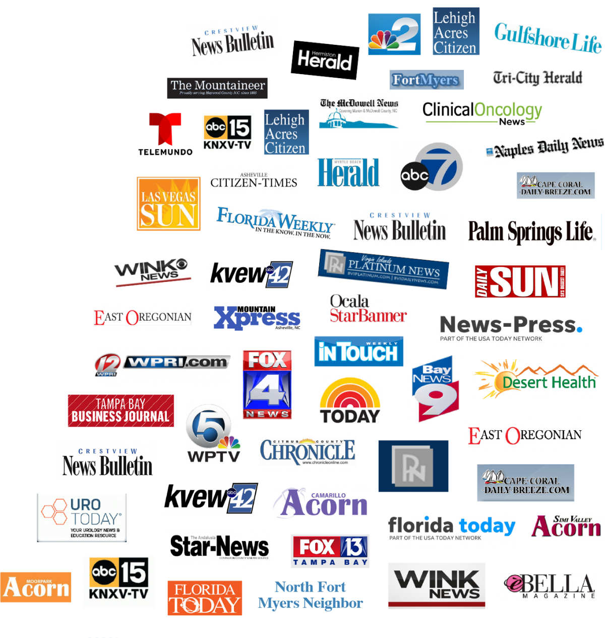 Logos of various news sources, arranged in a semi-circular fashion.