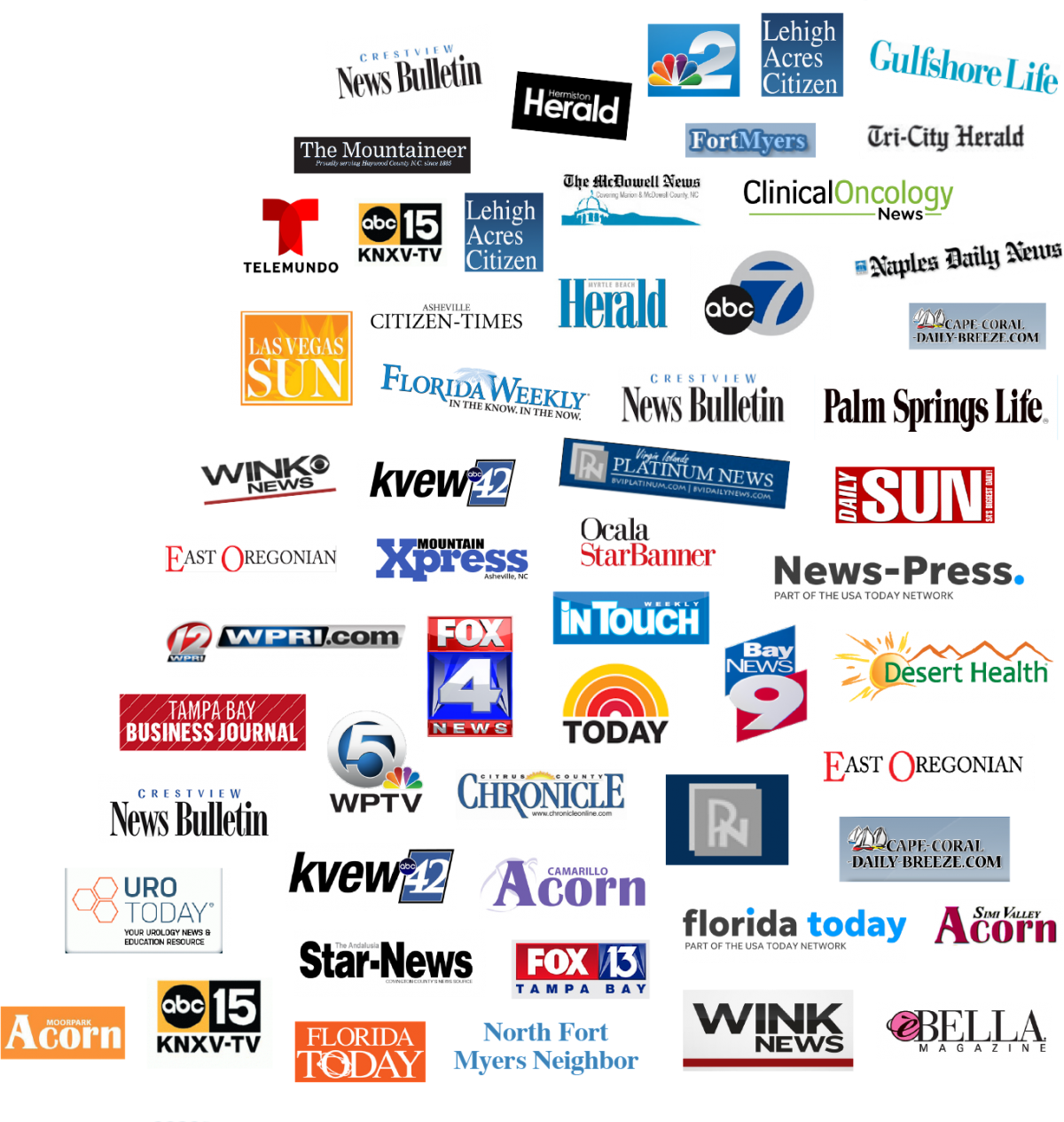 Logos of various news sources, arranged in a semi-circular fashion.