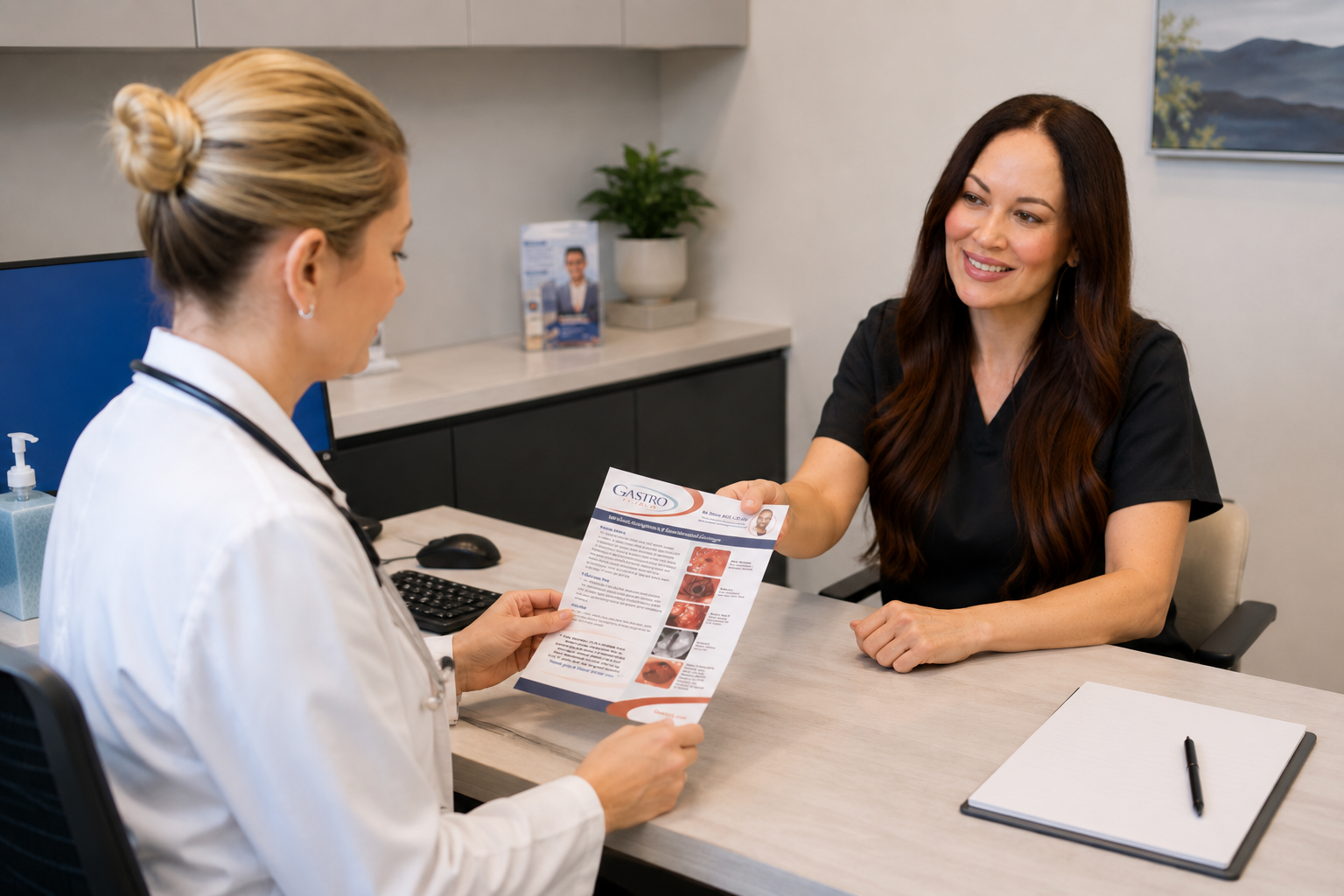 Doctor in white coat, red stethoscope, holding pen and clipboard. Office setting.