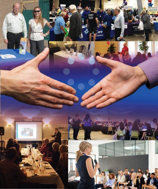 Scenes from a conference: networking, presentations, and handshakes with a blue and white theme.