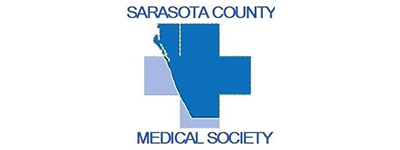 Logo for Sarasota County Medical Society. Blue cross with Sarasota County outline. Text above and below.
