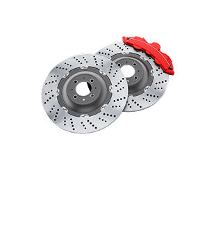 A pair of brake rotors with a red brake caliper on a white background. | Eden Automotive Repair