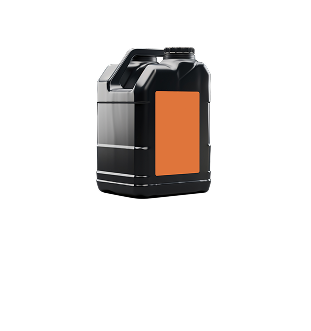 A black plastic container with an orange label on a white background. | Eden Automotive Repair