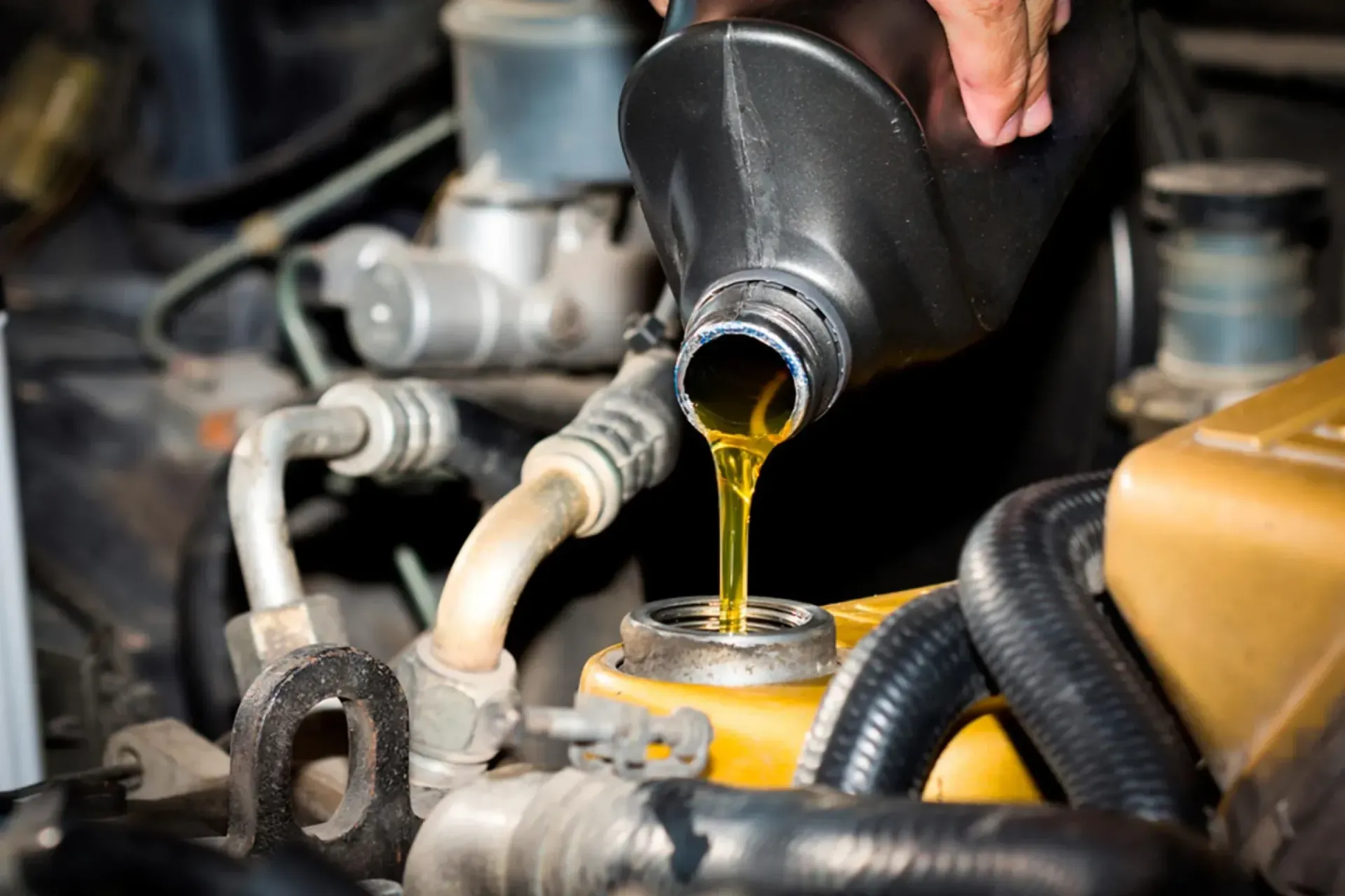 A person is pouring oil into a car engine. | Eden Automotive Repair
