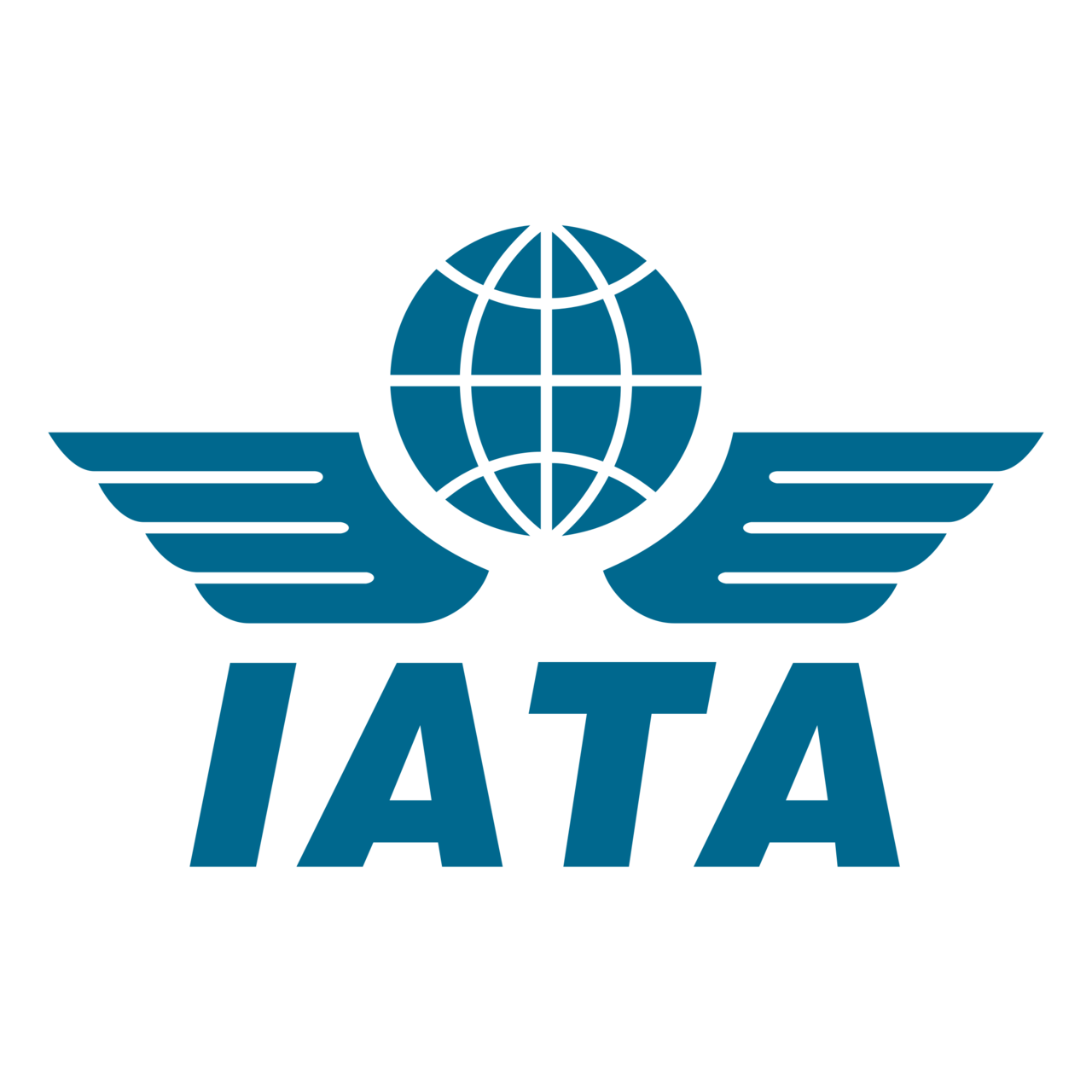 A blue logo for iata with a globe and wings