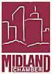 the midland chamber logo is a red square with a drawing of a city .
