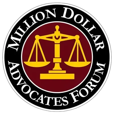 Million Dollar Advocates Forum logo: Scales of justice in gold on a burgundy background