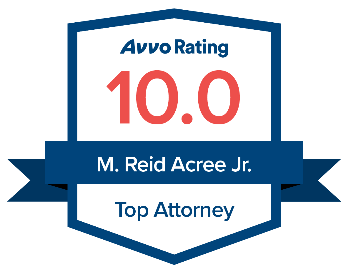 Avvo rating badge showing a 10.0 score for Top Attorney M. Reid Acree Jr. on a white shield with a blue ribbon.