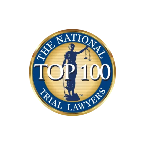 The National Top 100 Trial Lawyers logo, a gold and blue circular seal with a statue of justice in the center.