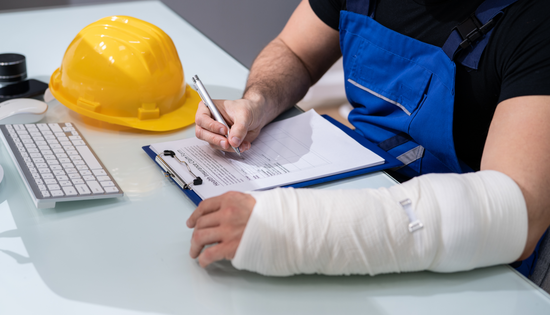 Tall white buildings and palm trees against a bright blue sky in Miami.