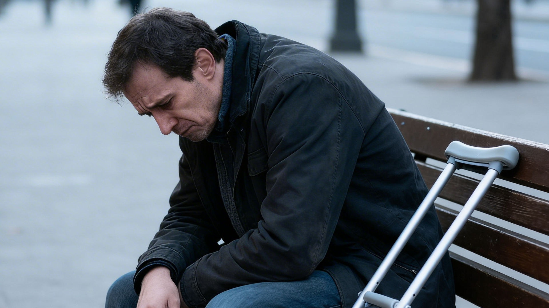 Woman in office, interviewing man in wheelchair with neck brace and sling.