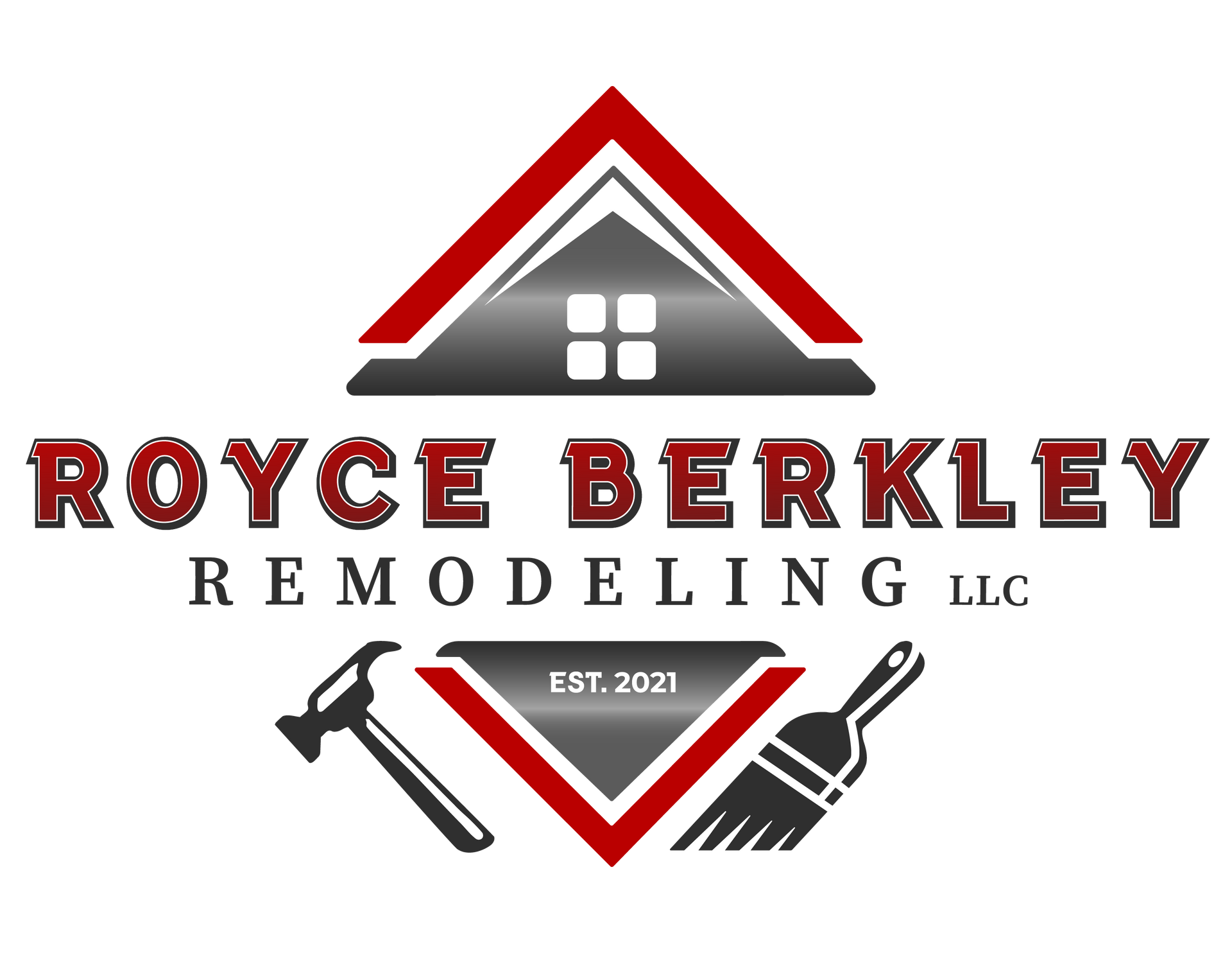 Royce Berkley Remodeling logo: Red roof over gray house graphic, red text