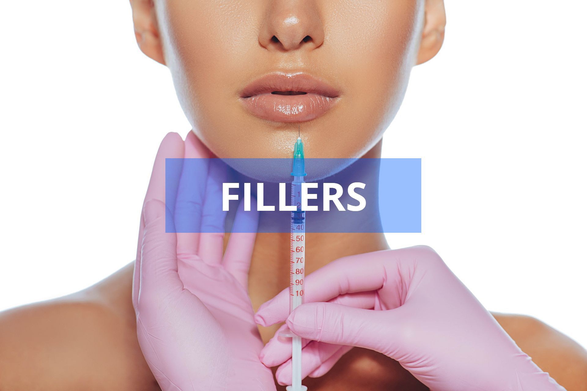A person receiving lip fillers; a syringe is poised above the lower lip, hands wearing pink gloves. The word 