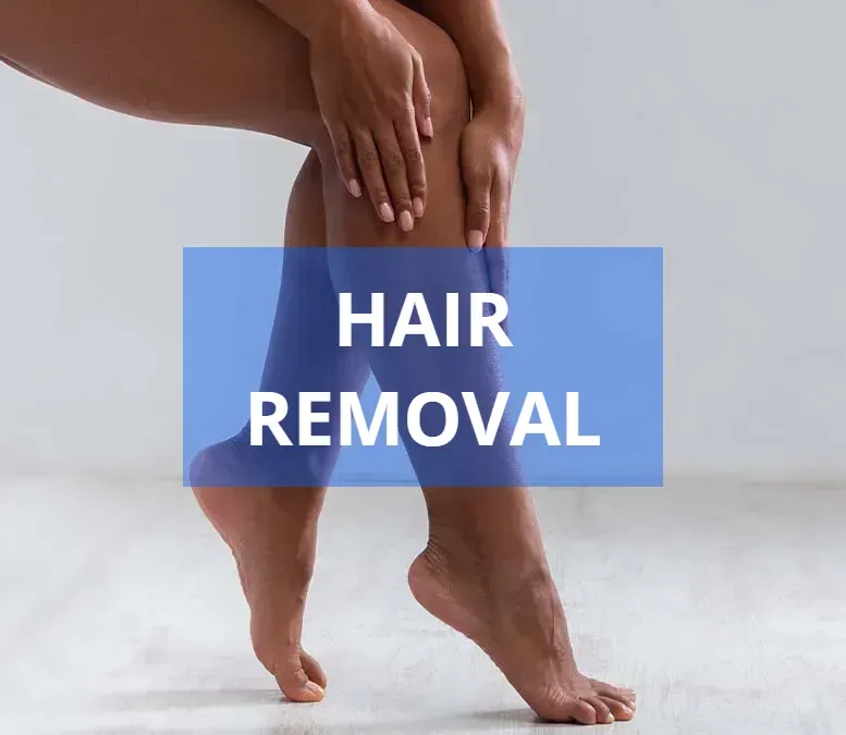 Woman's legs, one hand on leg, blue block overlay with 