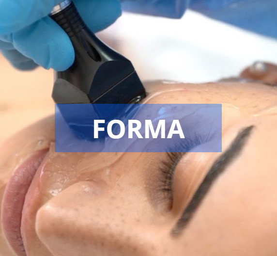 Close-up of a person's face receiving a Forma skin tightening treatment; a device is being used to tighten the skin.